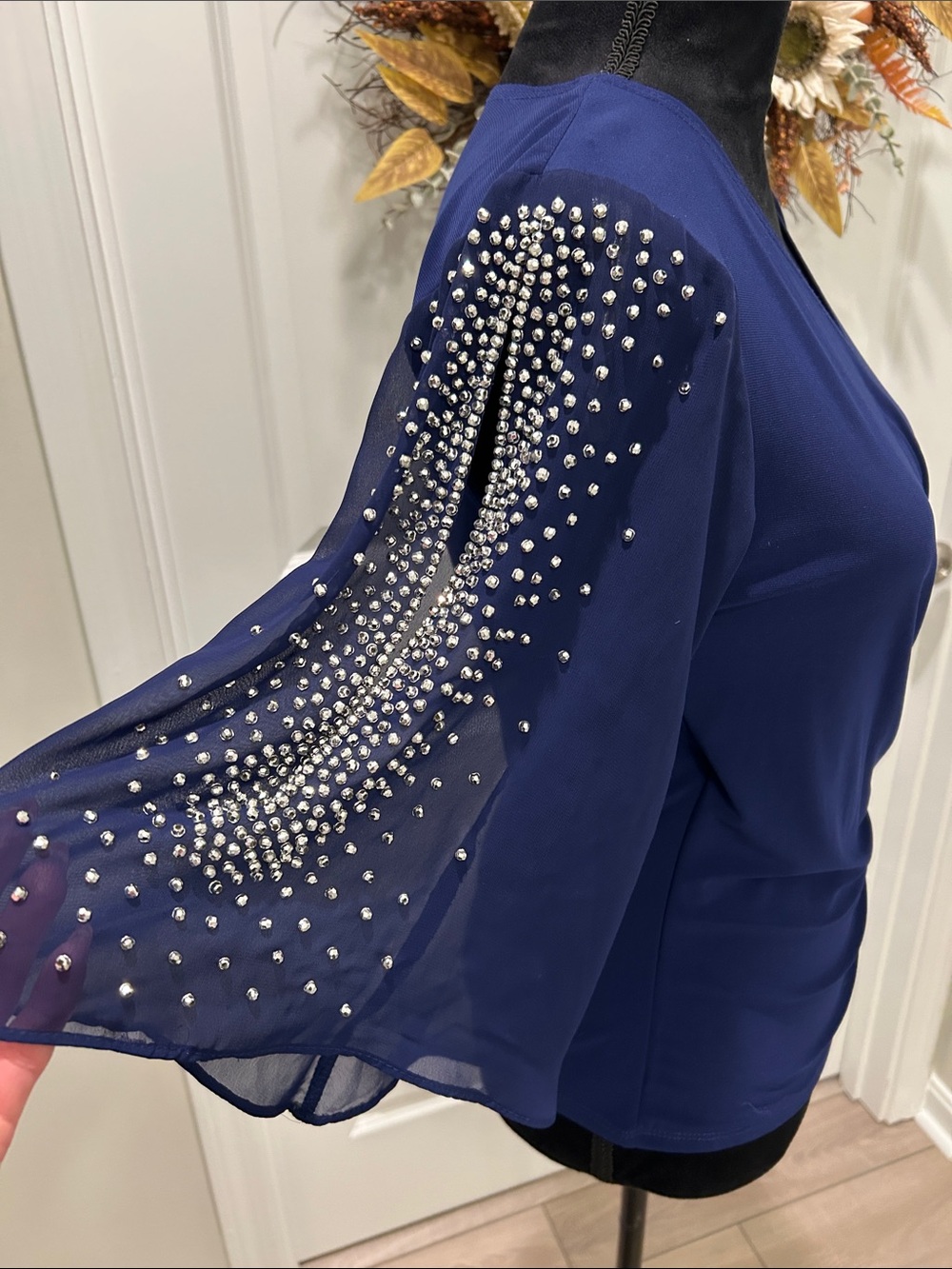 MSK Royal Blue Sheer Sleeve Pearl Bling Surplice Top Size Small
